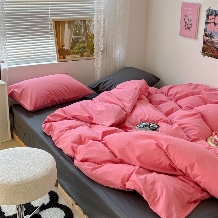 91家纺网 家纺一手货源 找家纺 昔可 2022新款40支13372全棉水洗棉混搭四件套 甜梅子粉拼深灰