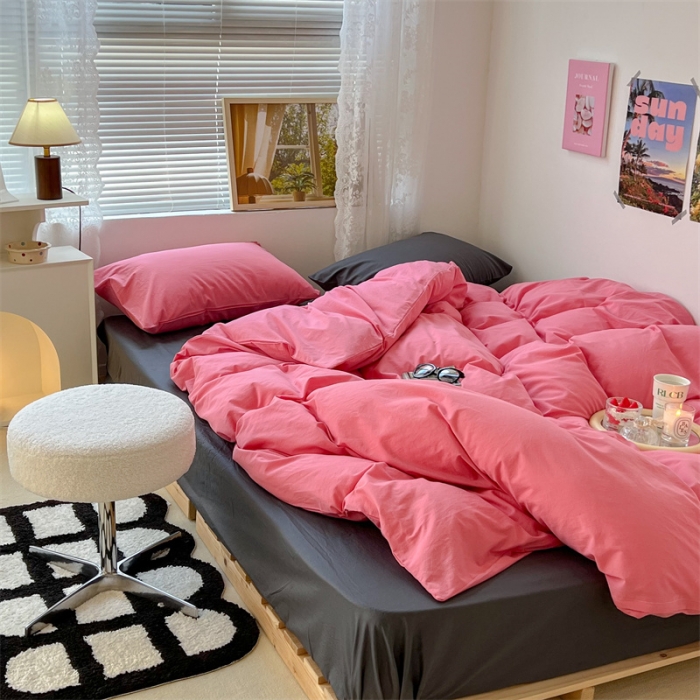 91家纺网 家纺一手货源 找家纺 昔可 2022新款40支13372全棉水洗棉混搭四件套 甜梅子粉拼深灰