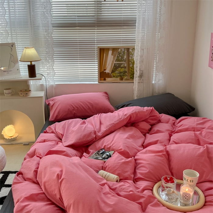 91家纺网 家纺一手货源 找家纺 昔可 2022新款40支13372全棉水洗棉混搭四件套 甜梅子粉拼深灰