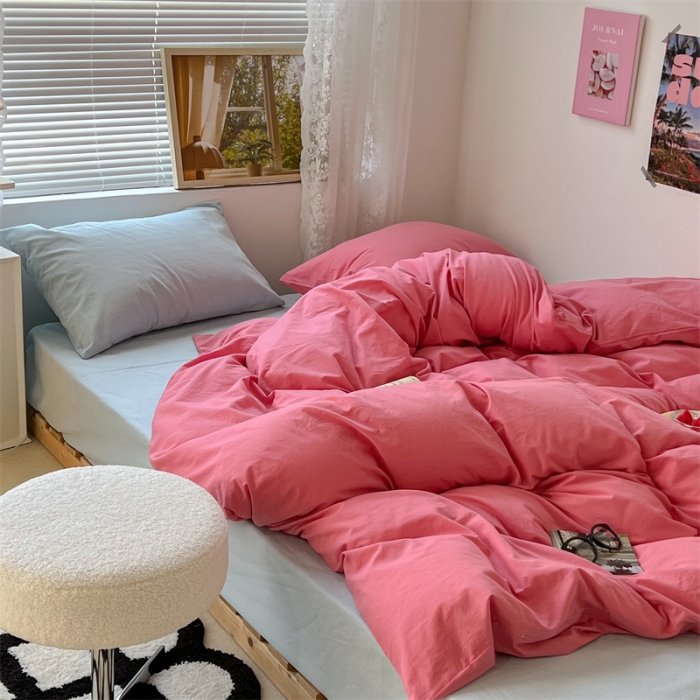 91家纺网 家纺一手货源 找家纺 昔可 2022新款40支13372全棉水洗棉混搭四件套 甜梅子粉拼天蓝