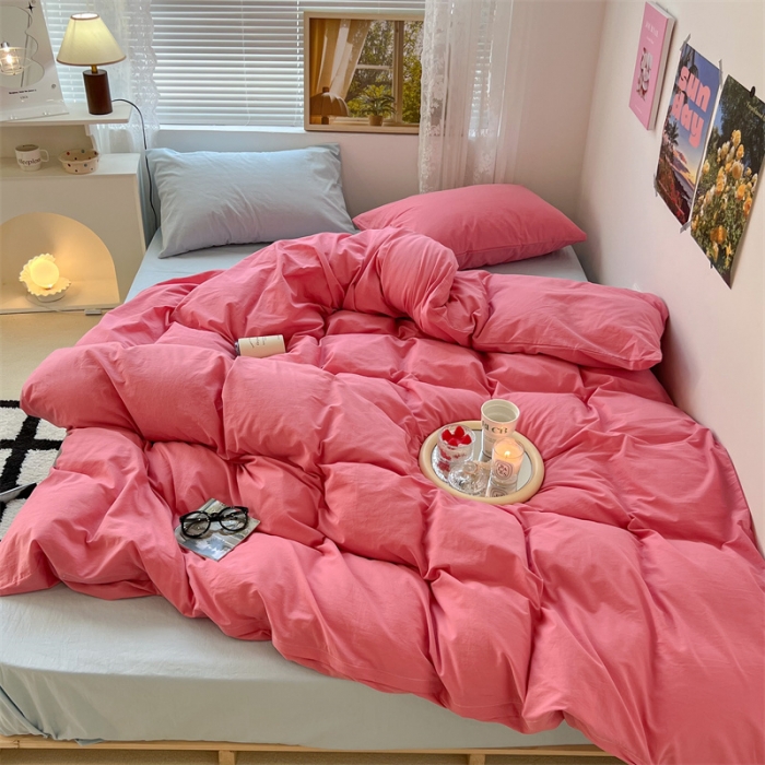 91家纺网 家纺一手货源 找家纺 昔可 2022新款40支13372全棉水洗棉混搭四件套 甜梅子粉拼天蓝