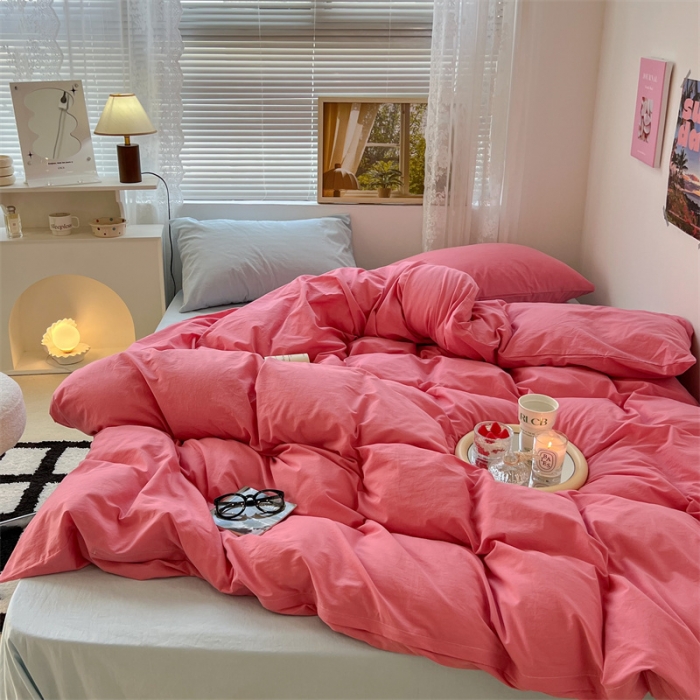 91家纺网 家纺一手货源 找家纺 昔可 2022新款40支13372全棉水洗棉混搭四件套 甜梅子粉拼天蓝