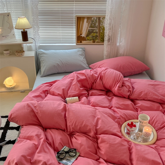 91家纺网 家纺一手货源 找家纺 昔可 2022新款40支13372全棉水洗棉混搭四件套 甜梅子粉拼天蓝