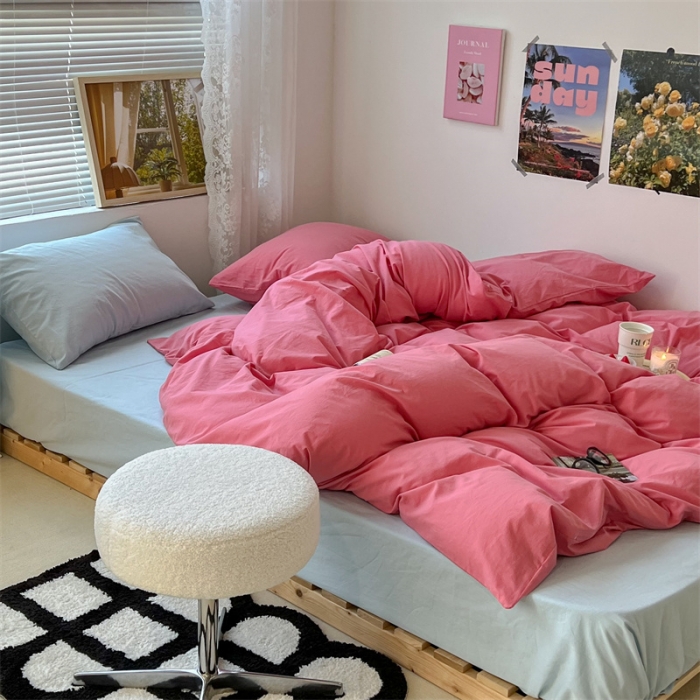 91家纺网 家纺一手货源 找家纺 昔可 2022新款40支13372全棉水洗棉混搭四件套 甜梅子粉拼天蓝