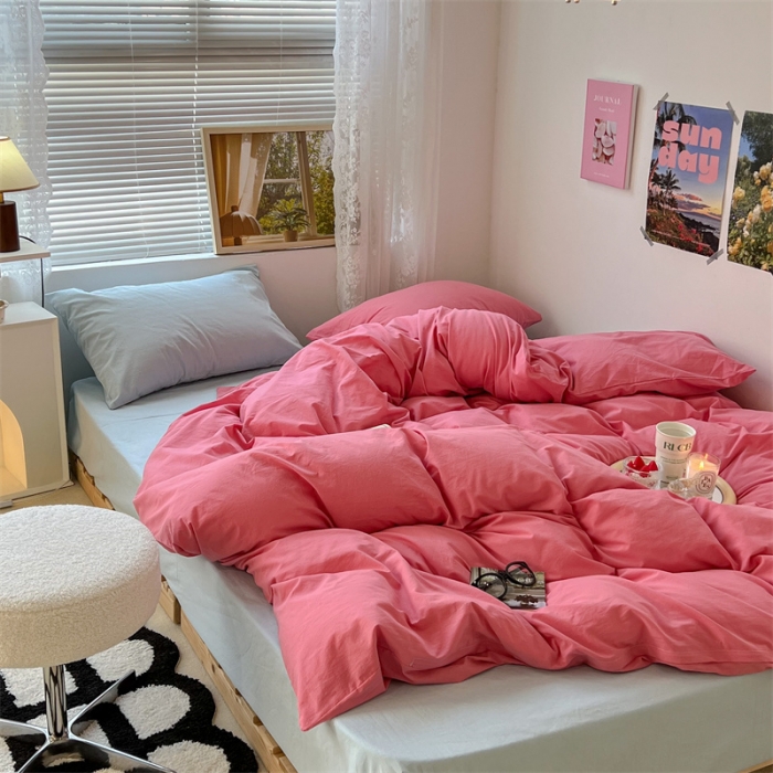 91家纺网 家纺一手货源 找家纺 昔可 2022新款40支13372全棉水洗棉混搭四件套 甜梅子粉拼天蓝