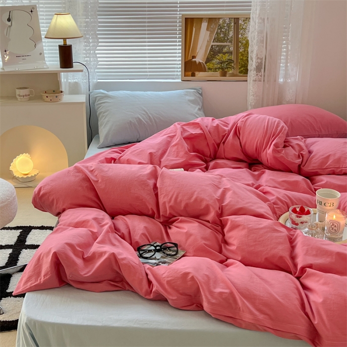 91家纺网 家纺一手货源 找家纺 昔可 2022新款40支13372全棉水洗棉混搭四件套 甜梅子粉拼天蓝