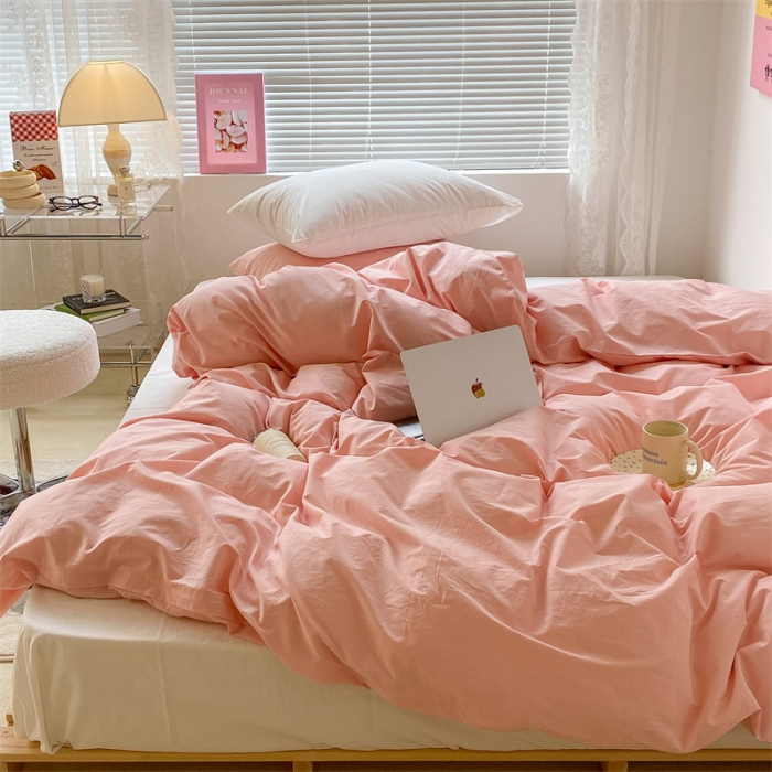 91家纺网 家纺一手货源 找家纺 昔可 2022新款40支13372全棉水洗棉混搭四件套 璎落粉拼白