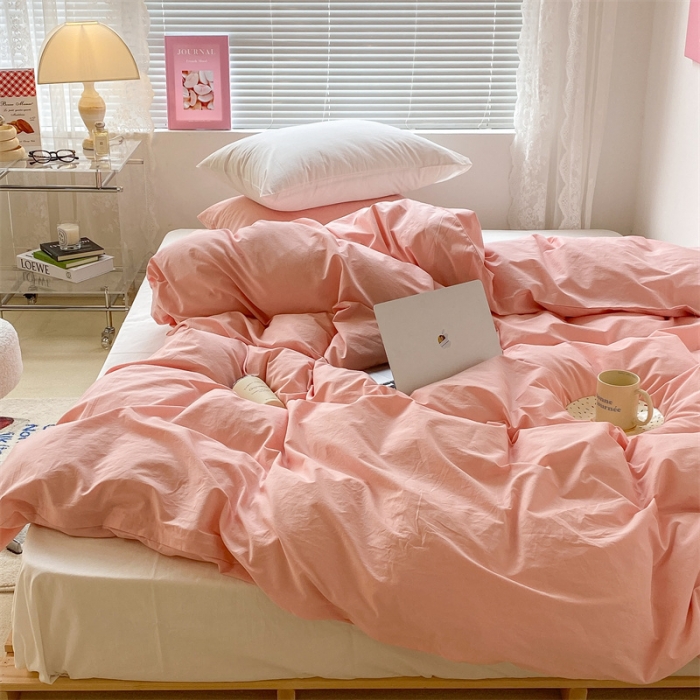 91家纺网 家纺一手货源 找家纺 昔可 2022新款40支13372全棉水洗棉混搭四件套 璎落粉拼白