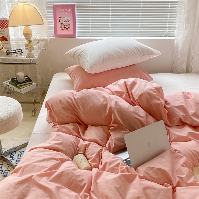 91家纺网 家纺一手货源 找家纺 昔可 2022新款40支13372全棉水洗棉混搭四件套 璎落粉拼白