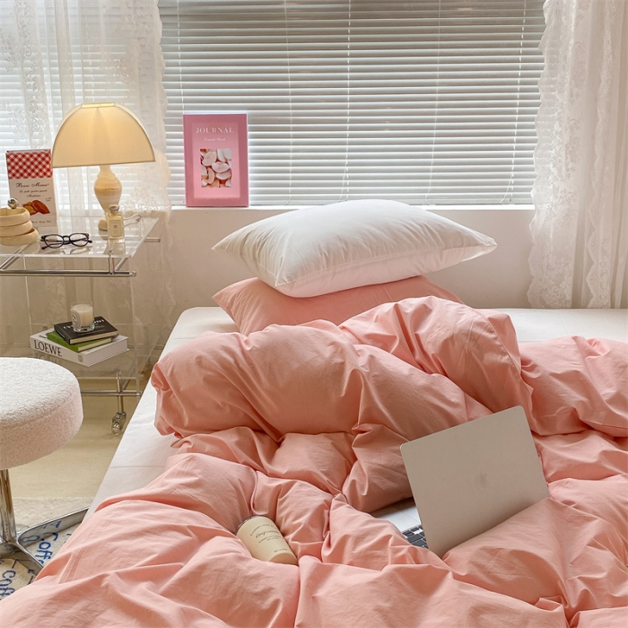 91家纺网 家纺一手货源 找家纺 昔可 2022新款40支13372全棉水洗棉混搭四件套 璎落粉拼白