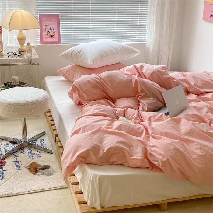 91家纺网 家纺一手货源 找家纺 昔可 2022新款40支13372全棉水洗棉混搭四件套 璎落粉拼白