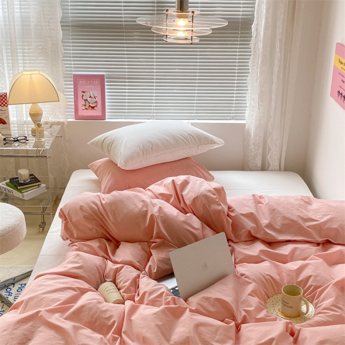 91家纺网 家纺一手货源 找家纺 昔可 2022新款40支13372全棉水洗棉混搭四件套 璎落粉拼白