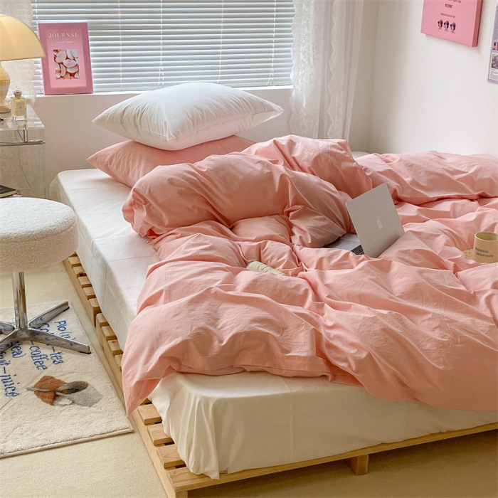 91家纺网 家纺一手货源 找家纺 昔可 2022新款40支13372全棉水洗棉混搭四件套 璎落粉拼白