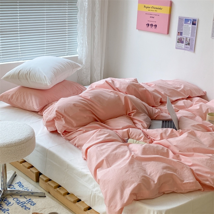 91家纺网 家纺一手货源 找家纺 昔可 2022新款40支13372全棉水洗棉混搭四件套 璎落粉拼白