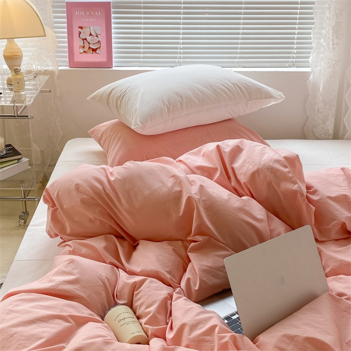 91家纺网 家纺一手货源 找家纺 昔可 2022新款40支13372全棉水洗棉混搭四件套 璎落粉拼白