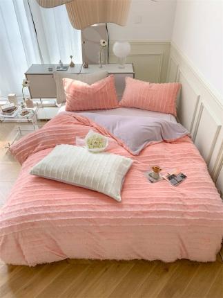 91家纺网 家纺一手货源 找家纺 顾里家居 2022年新款少女流苏牛奶绒四件套 蜜桃粉