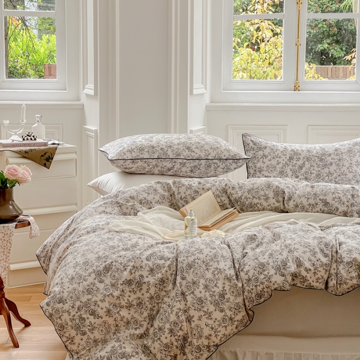 91家纺网 家纺一手货源 找家纺 昔可家纺2022新款嵌绳全棉四件套套件组图一 茶歇法式