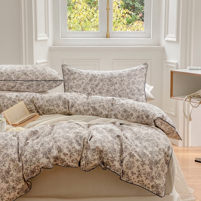 91家纺网 家纺一手货源 找家纺 昔可家纺2022新款嵌绳全棉四件套套件组图一 茶歇法式