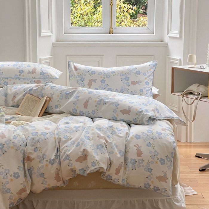 91家纺网 家纺一手货源 找家纺 昔可家纺2022新款嵌绳全棉四件套套件组图一 兰花小兔