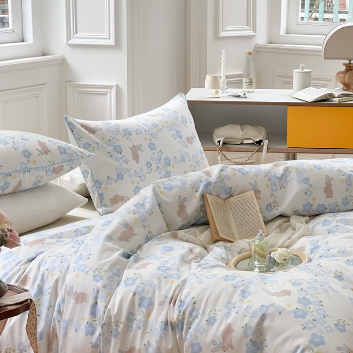 91家纺网 家纺一手货源 找家纺 昔可家纺2022新款嵌绳全棉四件套套件组图一 兰花小兔