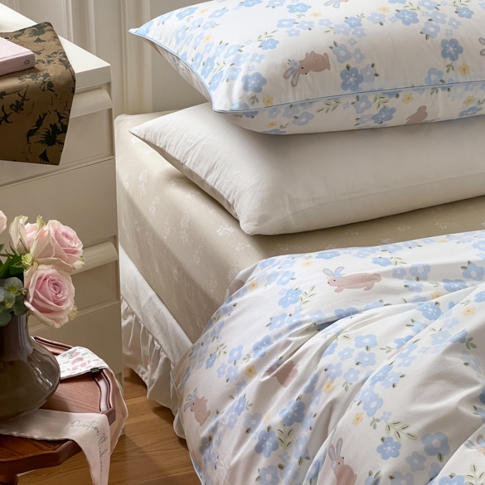 91家纺网 家纺一手货源 找家纺 昔可家纺2022新款嵌绳全棉四件套套件组图一 兰花小兔