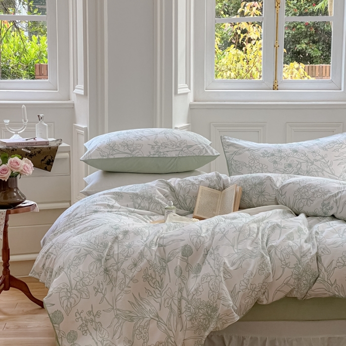 91家纺网 家纺一手货源 找家纺 昔可家纺2022新款嵌绳全棉四件套套件组图一 绿意庄园