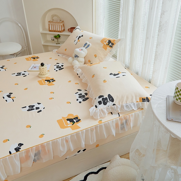 91家纺网 家纺一手货源 找家纺 金丝鸟 2022新款全棉花边床笠 斑点猫