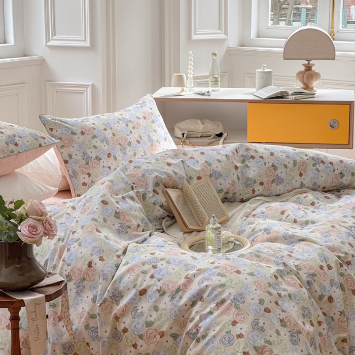 91家纺网 家纺一手货源 找家纺 昔可家纺2022新款嵌绳全棉四件套套件组图一 南法小玫瑰