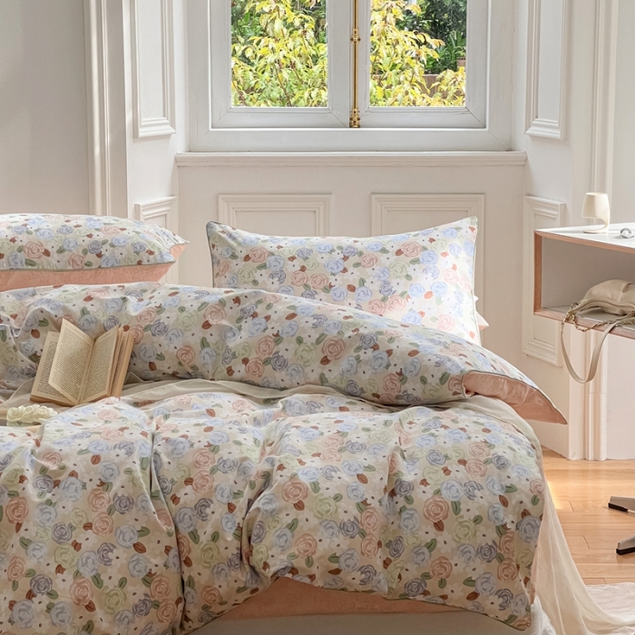 91家纺网 家纺一手货源 找家纺 昔可家纺2022新款嵌绳全棉四件套套件组图一 南法小玫瑰