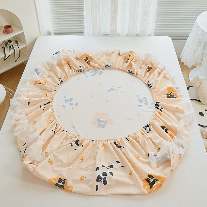 91家纺网 家纺一手货源 找家纺 金丝鸟 2022新款全棉花边床笠 斑点猫