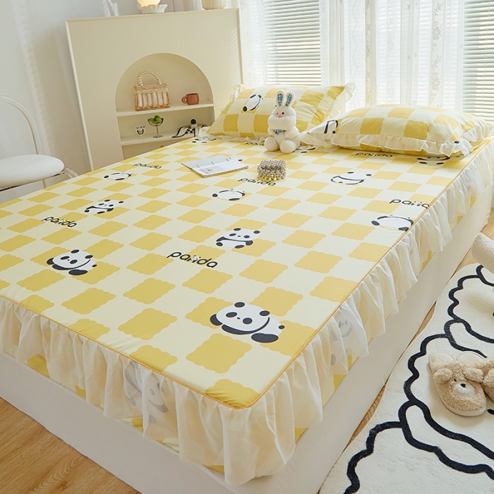 91家纺网 家纺一手货源 找家纺 金丝鸟 2022新款全棉花边床笠 宝宝熊 黄