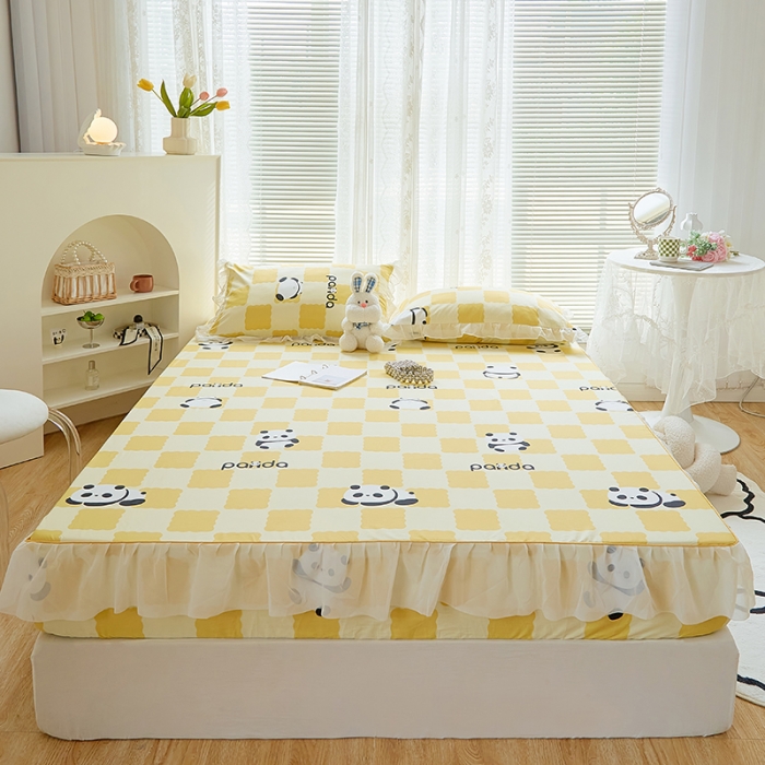 91家纺网 家纺一手货源 找家纺 金丝鸟 2022新款全棉花边床笠 宝宝熊 黄