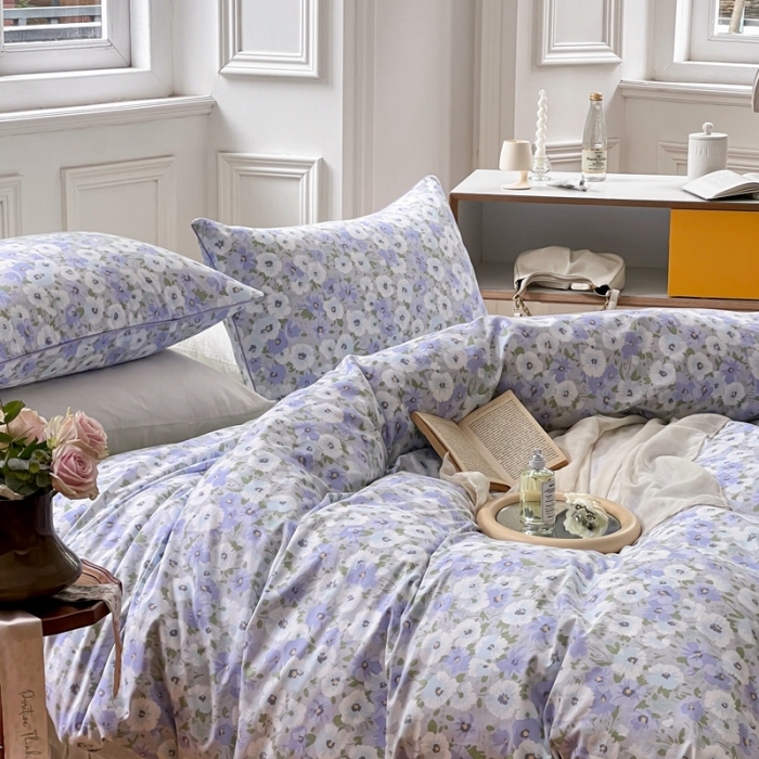 91家纺网 家纺一手货源 找家纺 昔可家纺2022新款嵌绳全棉四件套套件组图一 紫色香氛