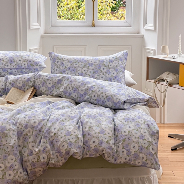 91家纺网 家纺一手货源 找家纺 昔可家纺2022新款嵌绳全棉四件套套件组图一 紫色香氛