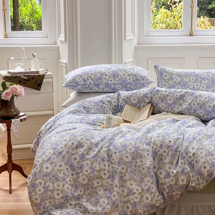 91家纺网 家纺一手货源 找家纺 昔可家纺2022新款嵌绳全棉四件套套件组图一 紫色香氛