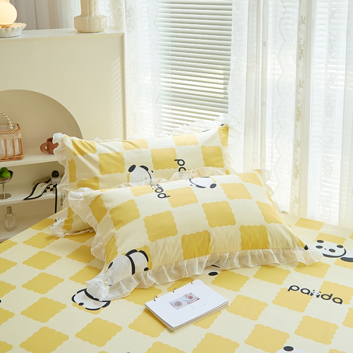 91家纺网 家纺一手货源 找家纺 金丝鸟 2022新款全棉花边床笠 宝宝熊 黄