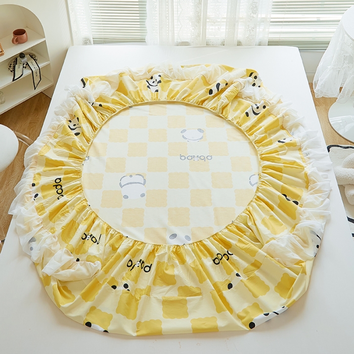 91家纺网 家纺一手货源 找家纺 金丝鸟 2022新款全棉花边床笠 宝宝熊 黄