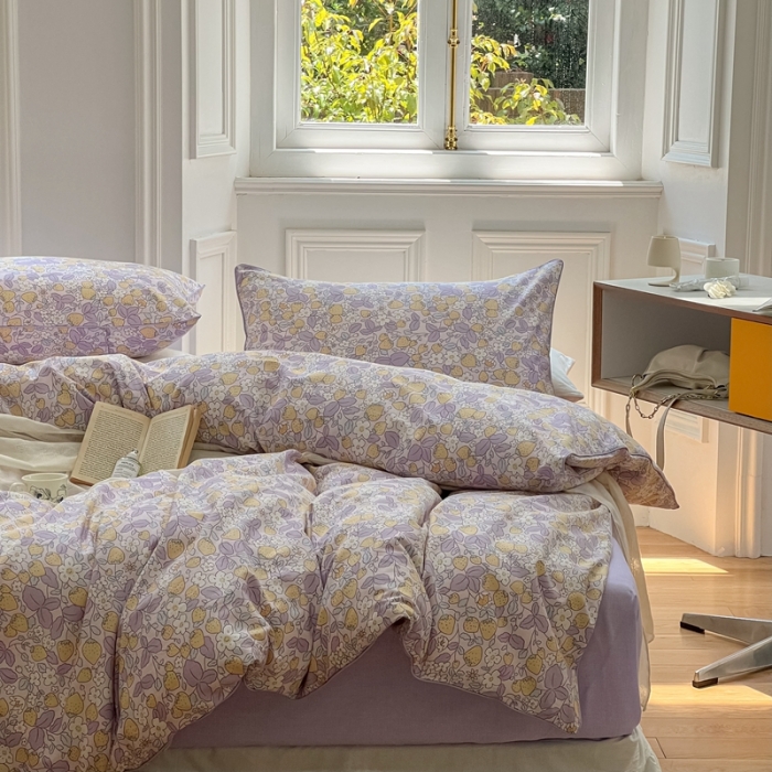 91家纺网 家纺一手货源 找家纺 昔可家纺2022新款嵌绳全棉四件套套件组图一 紫色小草莓