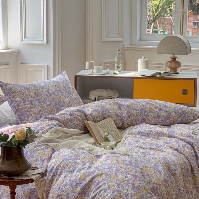 91家纺网 家纺一手货源 找家纺 昔可家纺2022新款嵌绳全棉四件套套件组图一 紫色小草莓