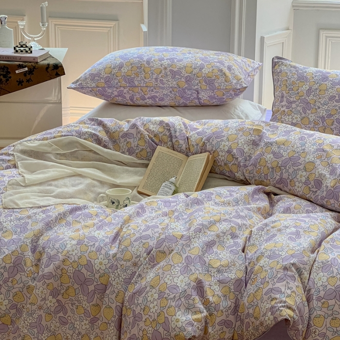 91家纺网 家纺一手货源 找家纺 昔可家纺2022新款嵌绳全棉四件套套件组图一 紫色小草莓