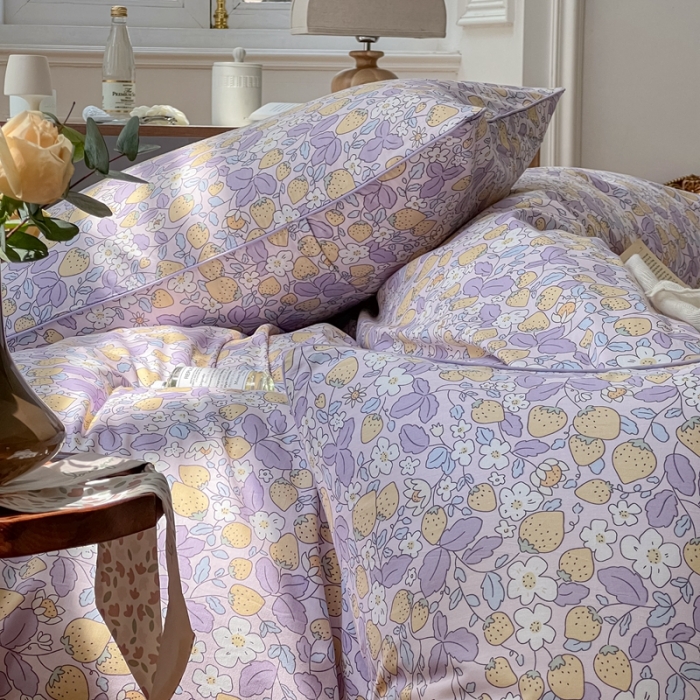 91家纺网 家纺一手货源 找家纺 昔可家纺2022新款嵌绳全棉四件套套件组图一 紫色小草莓