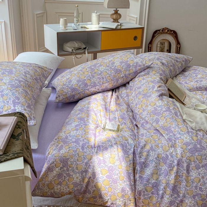 91家纺网 家纺一手货源 找家纺 昔可家纺2022新款嵌绳全棉四件套套件组图一 紫色小草莓