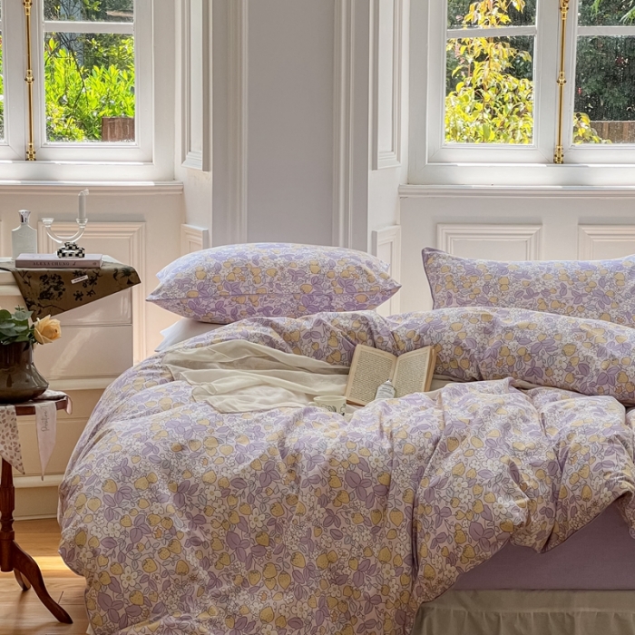 91家纺网 家纺一手货源 找家纺 昔可家纺2022新款嵌绳全棉四件套套件组图一 紫色小草莓