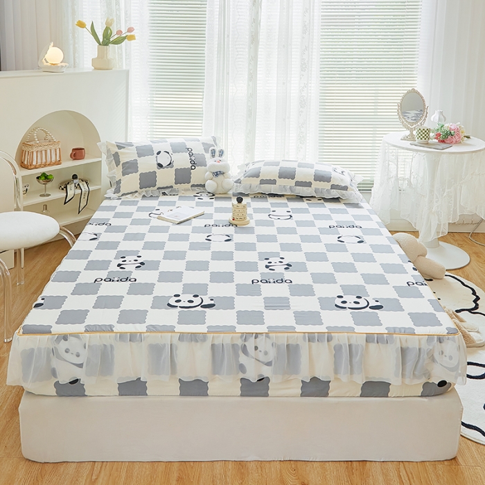 91家纺网 家纺一手货源 找家纺 金丝鸟 2022新款全棉花边床笠 宝宝熊 灰