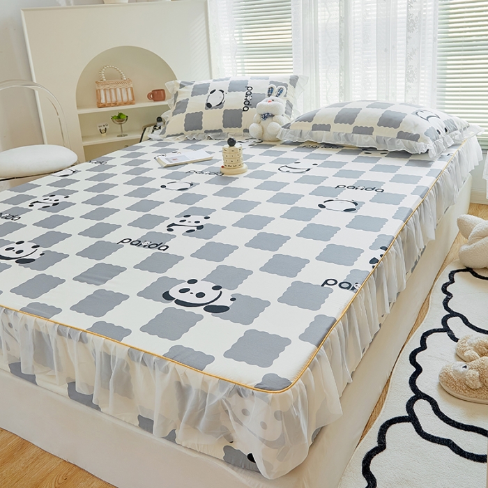 91家纺网 家纺一手货源 找家纺 金丝鸟 2022新款全棉花边床笠 宝宝熊 灰