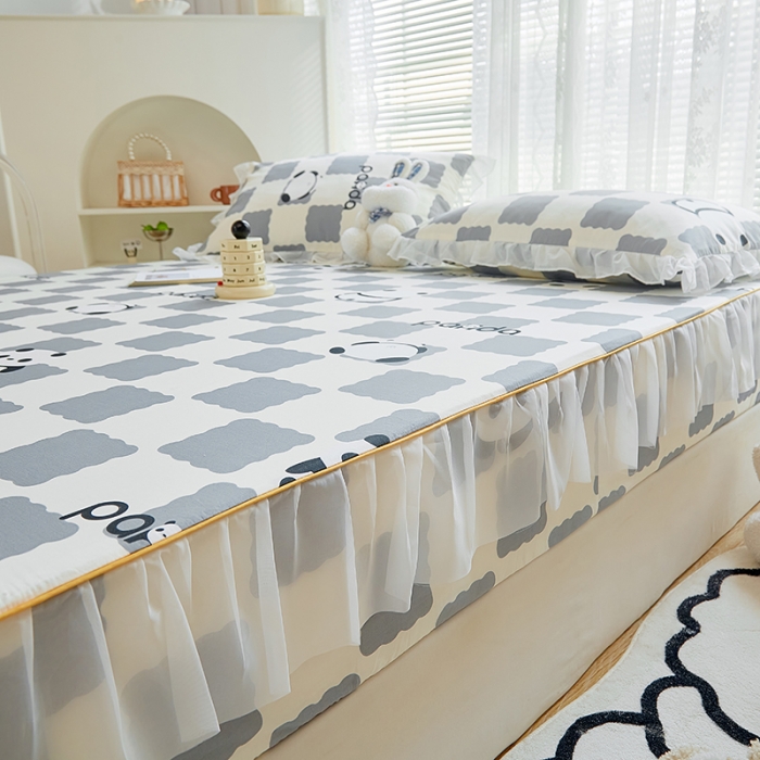 91家纺网 家纺一手货源 找家纺 金丝鸟 2022新款全棉花边床笠 宝宝熊 灰