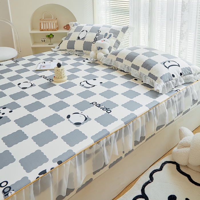 91家纺网 家纺一手货源 找家纺 金丝鸟 2022新款全棉花边床笠 宝宝熊 灰