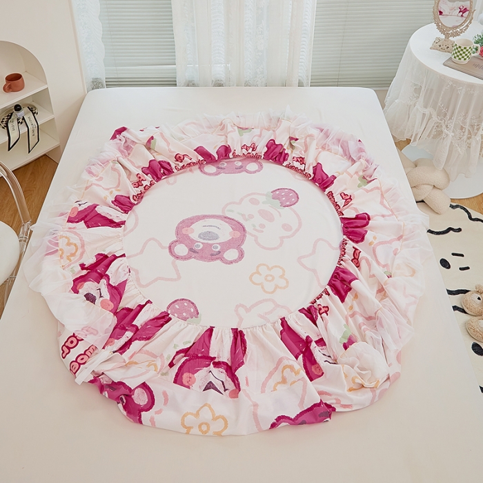 91家纺网 家纺一手货源 找家纺 金丝鸟 2022新款全棉花边床笠 草莓熊