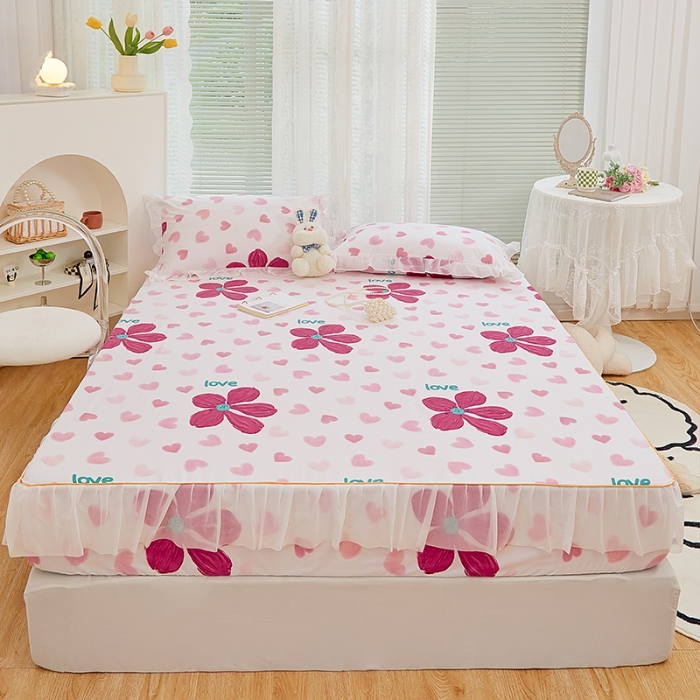 91家纺网 家纺一手货源 找家纺 金丝鸟 2022新款全棉花边床笠 粉色花朵