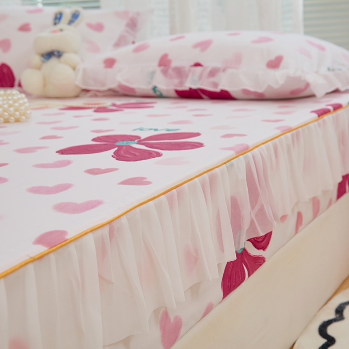 91家纺网 家纺一手货源 找家纺 金丝鸟 2022新款全棉花边床笠 粉色花朵